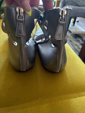 Gladiator CHANEL Pewter Lace-Up Flat Sandals size 38 1/2 good condition.